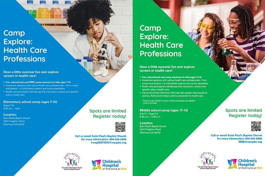 Camp Explore flyers promote a summer camp for students ages 7-10 and ages 11-14 to explore health care professions