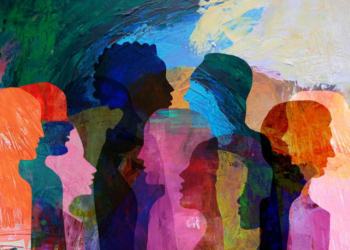 Group of diverse people talking, chatting, bonding stock illustration
