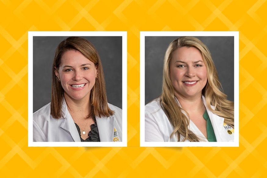 Headshots of Jaclyn Wall, M.D., and Chelsea Salyer, M.D in square frame with white border and Massey gold background with transparent white geometric triangles