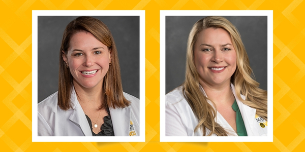 Headshots of Jaclyn Wall, M.D., and Chelsea Salyer, M.D in square frame with white border and Massey gold background with transparent white geometric triangles