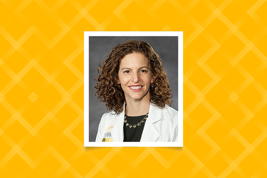 A color headshot of Kandace McGuire, M.D., a woman with curly brown hair, smiling and wearing a white medical coat over a black top and a necklace. The photo has a white border and is set against a vibrant yellow background with a subtle, lighter yellow diamond pattern.