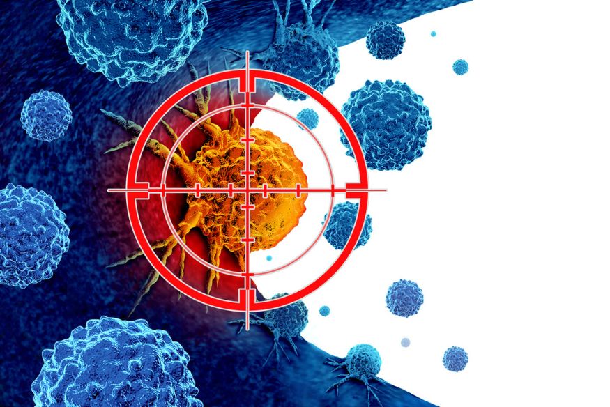 3D render of cancerous cell with target symbol on top as a symbol for eradicating malignant cells