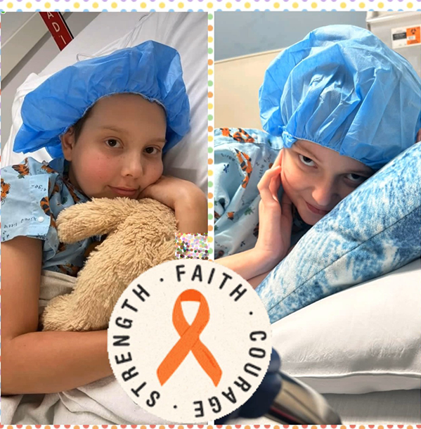 Two photos side by side of Makayla Hall and Peyton Arthur in hospital bed with leukemia ribbon graphic