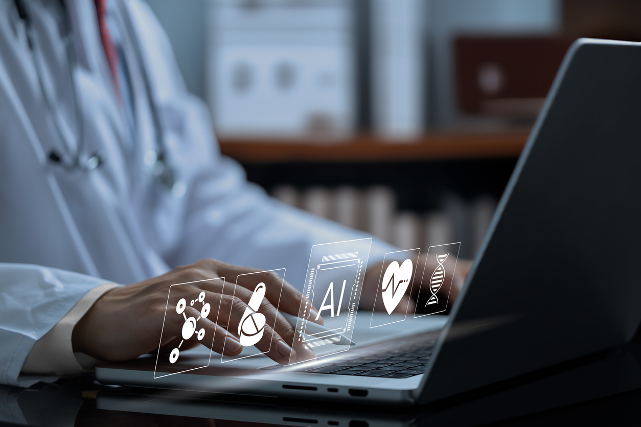 Doctor in a comfortable office using AI on laptop with infographics displayed stock photo