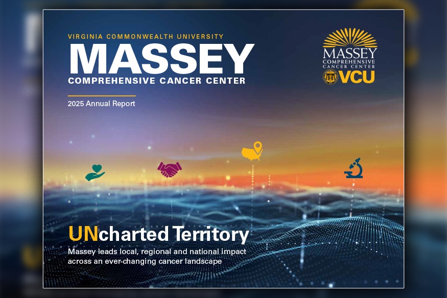 Cover of the VCU Massey Comprehensive Cancer Center 2025 Annual Report titled 'UNcharted Territory' against a digital landscape background