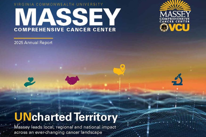 Cover of the VCU Massey Comprehensive Cancer Center 2025 Annual Report titled 'UNcharted Territory' against a digital landscape background