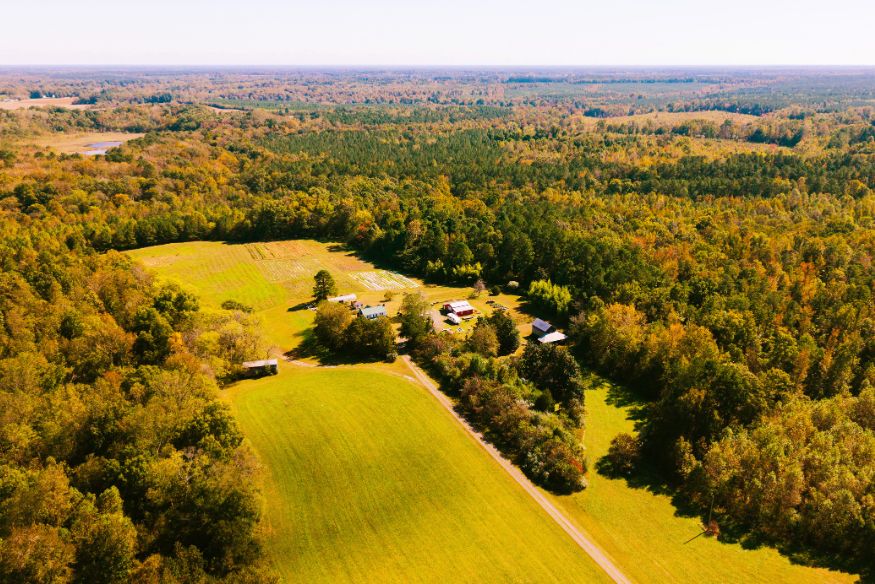 Aerial view of a rural landscape with a white building and red barn, surrounded by green pastures and dense fall forest.