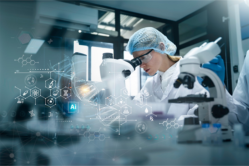 A female scientist wearing a lab coat, hairnet, and safety glasses looks into a microscope in a laboratory, overlaid with futuristic digital graphics of a DNA helix, data charts, and scientific icons.