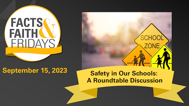 Safe school crossing image with webinar title: Safety in our schools: A roundtable discussion