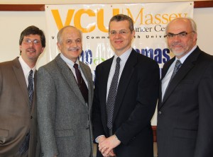 The palliative care program at VCU Massey Cancer Center is led, in part, by (left to right): Steven Grossman, M.D., Ph.D., chair of the Division of Hematology, Oncology and Palliative Care; Gordon Ginder, M.D., director of VCU Massey Cancer Center; Egidio Del Fabbro, M.D., program director of palliative care; and John Nestler, M.D., chair of the department of internal medicine.
