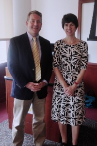 Brian Cassel, Ph.D., assistant professor, Department of Hematology, Oncology & Palliative Care, Massey Cancer Center, and Jane Seymour, Global Visiting Scholar, during her May 14 presentation.